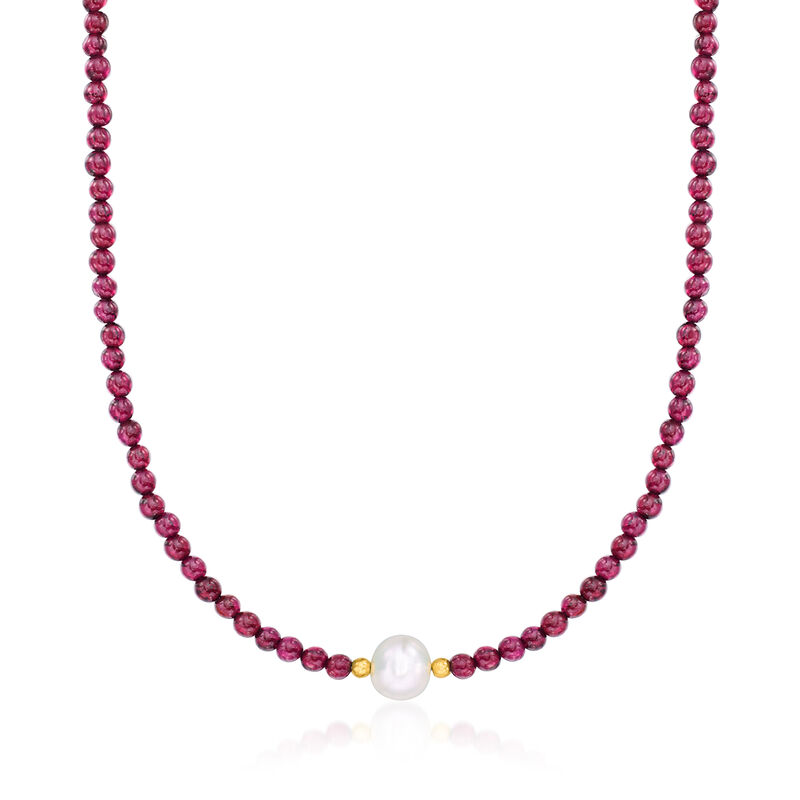 8.5-9.5mm Cultured Pearl and 55.00 ct. t.w. Garnet Bead Necklace with 18kt Gold Over Sterling image number 0