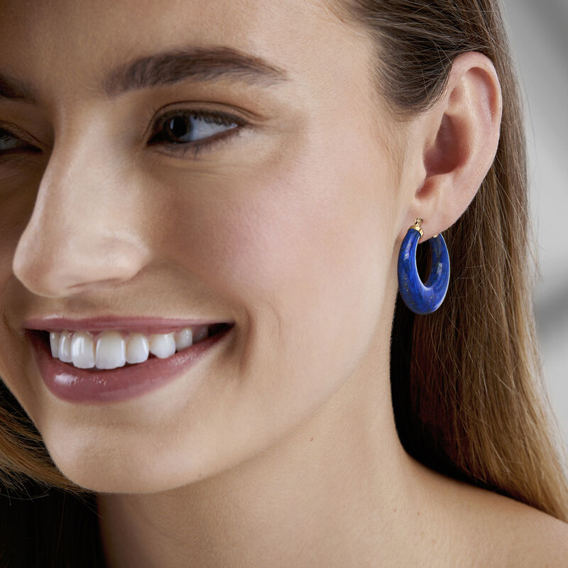 C. 1980 Vintage Lapis Hoop Earrings with 14kt Yellow Gold. 1 1/8" image number 1