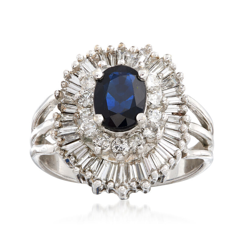 C. 1970 Vintage 1.25 Carat Sapphire and 1.70 ct. t.w. Diamond Cluster Ring in 14kt White Gold image number 0
