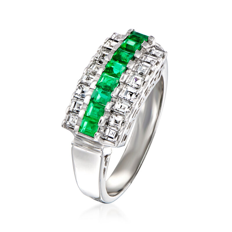 C. 1990 Vintage .65 ct. t.w. Diamond and .47 ct. t.w. Emerald Three-Row Ring in Platinum. Size 6.25 image number 2