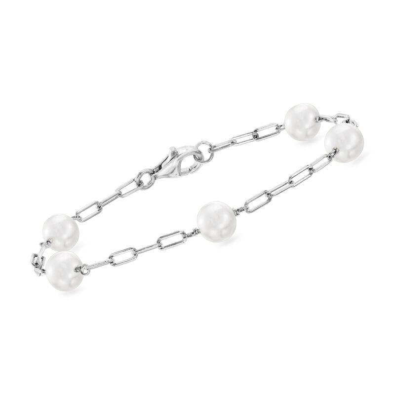 6.5-7mm Cultured Pearl and Sterling Silver Paper Clip Link Station Bracelet. 7&quot; image number 0