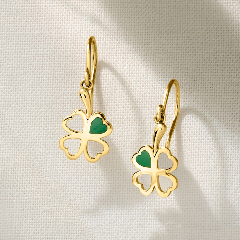 Italian 14kt Yellow Gold Shamrock Drop Earrings with Green Enamel  image number 2