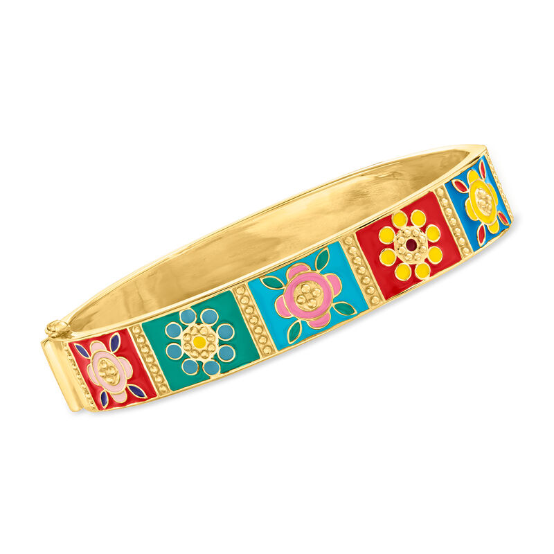Multicolored Enamel Floral Patchwork Bangle Bracelet in 18kt Gold Over Sterling image number 0