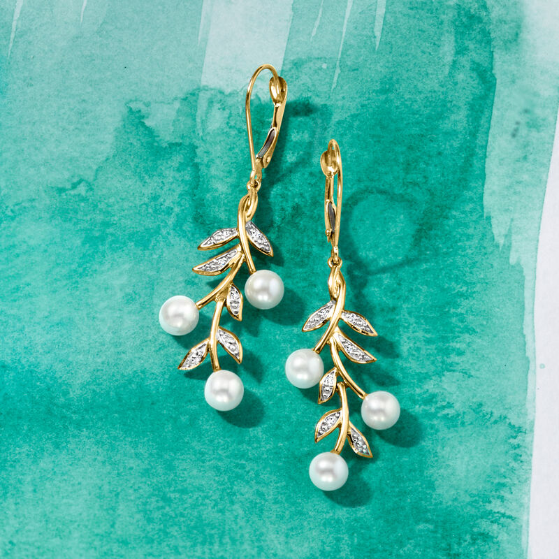 5mm Cultured Pearl and Diamond Leaf Drop Earrings in 14kt Yellow Gold  image number 4