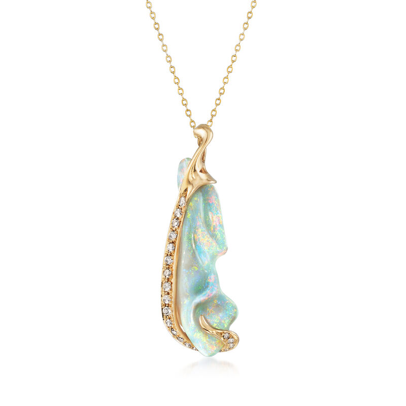 C. 1980 Vintage Opal and .60 ct. t.w. Diamond Pendant Necklace in 14kt Yellow Gold image number 0