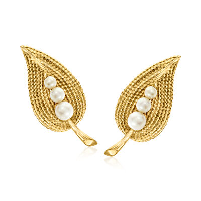 C. 1980 Vintage 3-5mm Cultured Pearl Leaf Clip-On Earrings in 14kt Yellow Gold