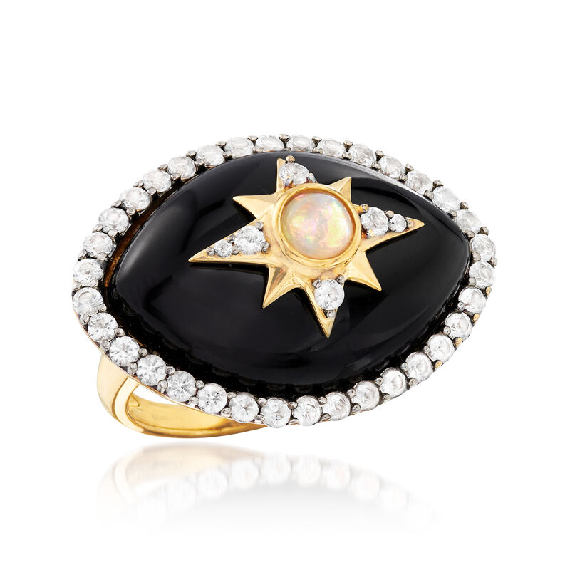 Black Onyx, Opal and 1.90 ct. t.w. White Topaz Ring in 18kt Yellow Gold Over Sterling Silver image number 3