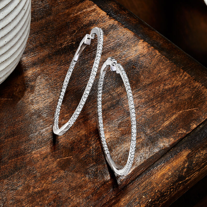 2.00 ct. t.w. Diamond Inside-Outside Hoop Earrings in Sterling Silver. 1 7/8&quot; image number 4