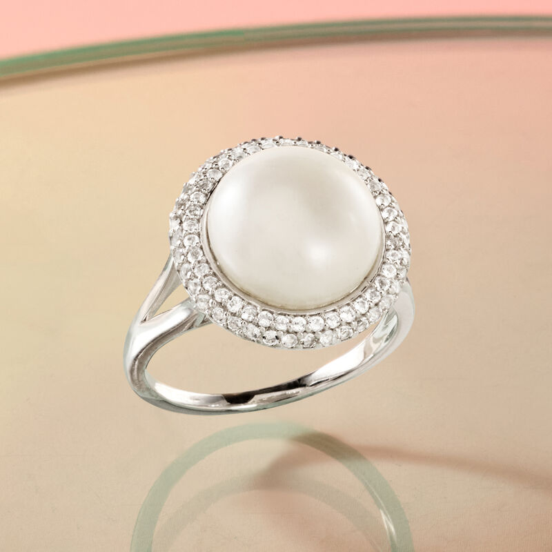 12-12.5mm Cultured Pearl and .90 ct. t.w. White Topaz Ring in Sterling Silver image number 4