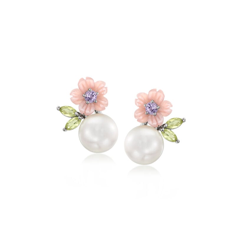 8-8.5mm Cultured Pearl and 8mm Pink Mother-of-Pearl Flower Earrings with .20 ct. t.w. Peridots and .10 ct. t.w. Amethysts in Sterling Silver image number 0