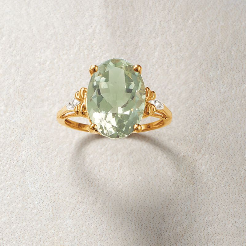 4.50 Carat Green Prasiolite Ring with Diamond Accents in 14kt Yellow Gold image number 5