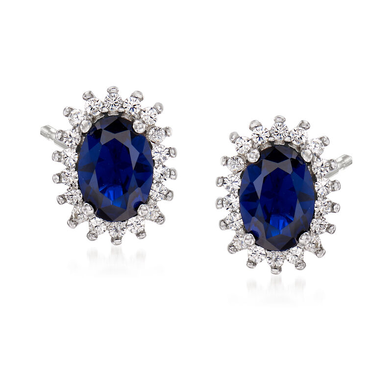Synthetic Blue Spinel and .20 ct. t.w. CZ Halo Earrings in Sterling Silver image number 0