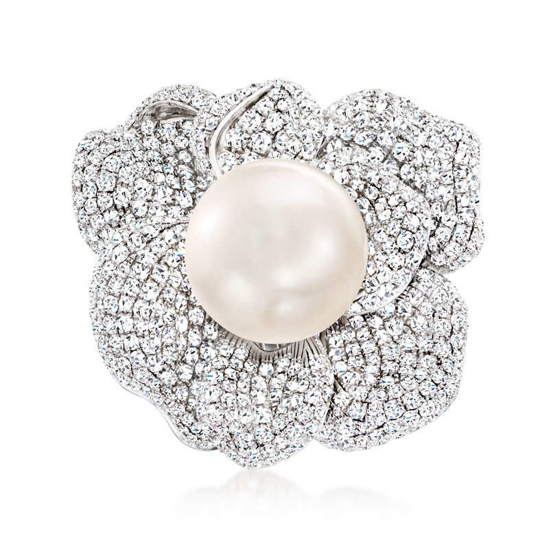 14-14.5mm Cultured Pearl and 4.90 ct. t.w. Diamond Flower Ring in 18kt White Gold image number 0
