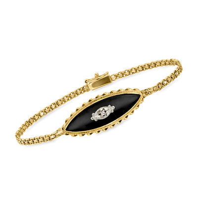 C. 1990 Vintage Onyx Bracelet with Single Diamond in 14kt Yellow Gold