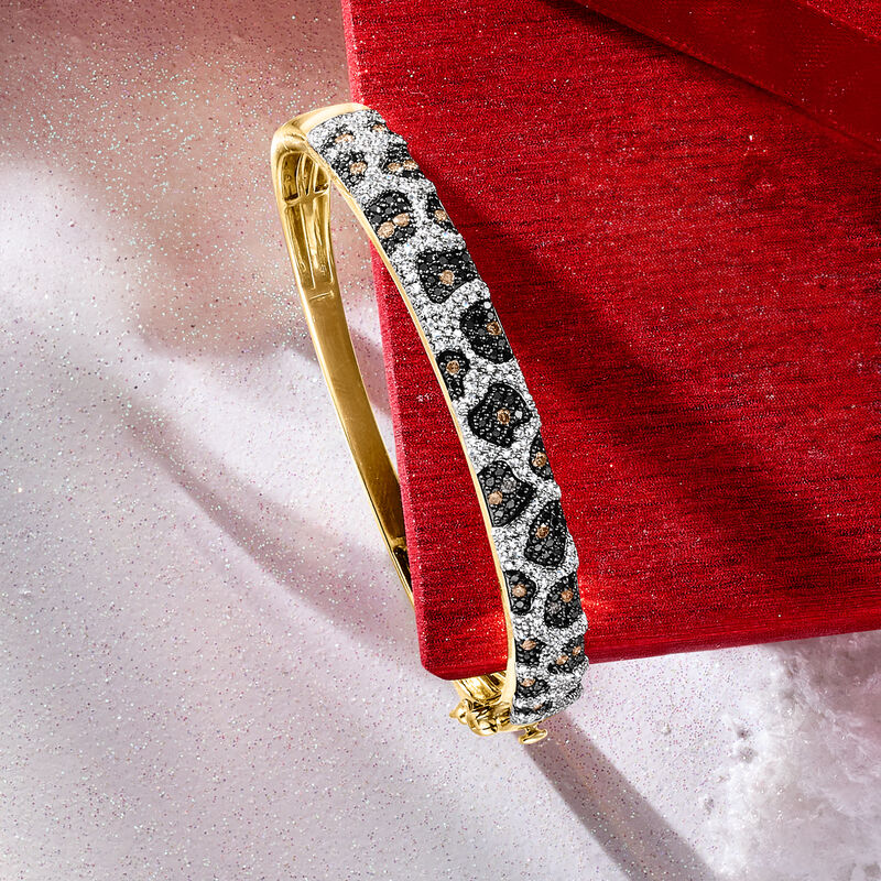 1.50 ct. t.w. Black, White and Brown Diamond Leopard Bangle Bracelet in 18kt Gold Over Sterling image number 2