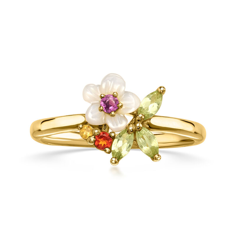 Mother-of-Pearl and .28 ct. t.w. Multi-Gemstone Flower Ring in 18kt Gold Over Sterling image number 0