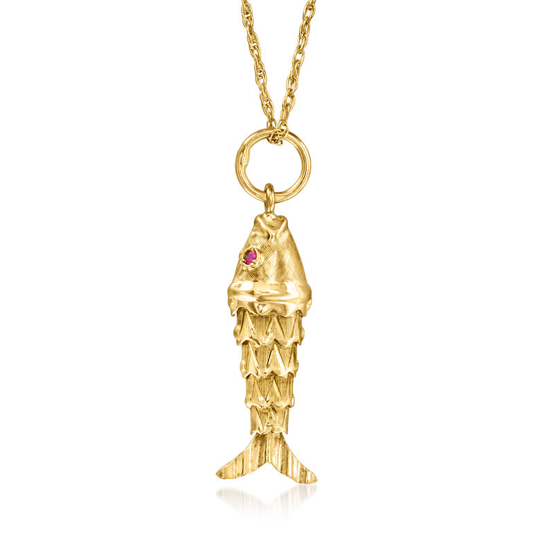 C. 1980 Vintage 14kt Yellow Gold Fish Pendant Necklace with Single Ruby. 18" image number 0