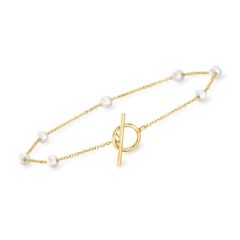 3-3.5mm Cultured Pearl Station Toggle Bracelet in 14kt Yellow Gold. 8&quot; image number 0