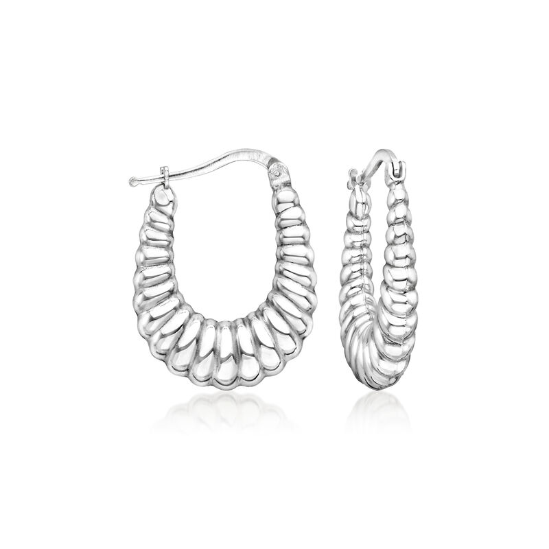 Italian Sterling Silver Grooved Graduated Hoop Earrings. 1&quot; image number 0