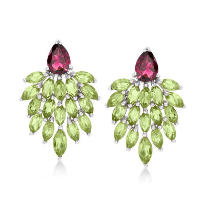 5.00 ct. t.w. Peridot and 1.70 ct. t.w. Rhodolite Cluster Drop Earrings in Sterling Silver 
