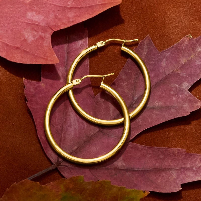 Italian 2mm 18kt Yellow Gold Hoop Earrings. 1 1/8&quot; image number 2