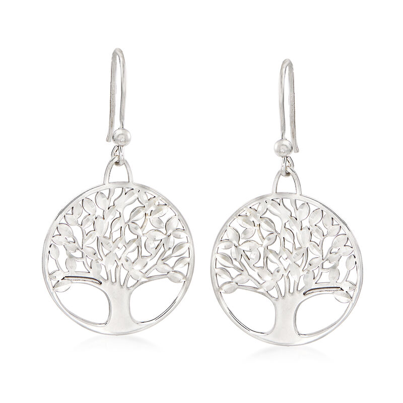 Italian Sterling Silver Diamond-Cut and Polished Tree of Life Drop Earrings image number 0