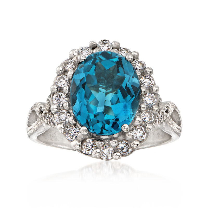 C. 1990 Vintage 4.05 Carat Blue Topaz and .55 ct. t.w. Diamond Ring in 14kt White Gold image number 0