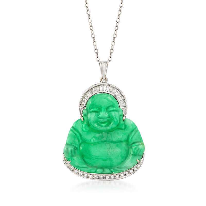 C. 1990 Vintage Carved Green Jade Buddha Pendant Necklace in 18kt White Gold With .75 ct. t.w. Diamonds image number 0