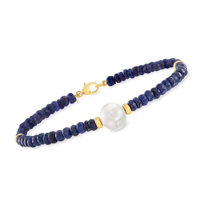 9-10mm Cultured Pearl and 22.00 ct. t.w. Sapphire Bead Bracelet in 14kt Yellow Gold image number 0