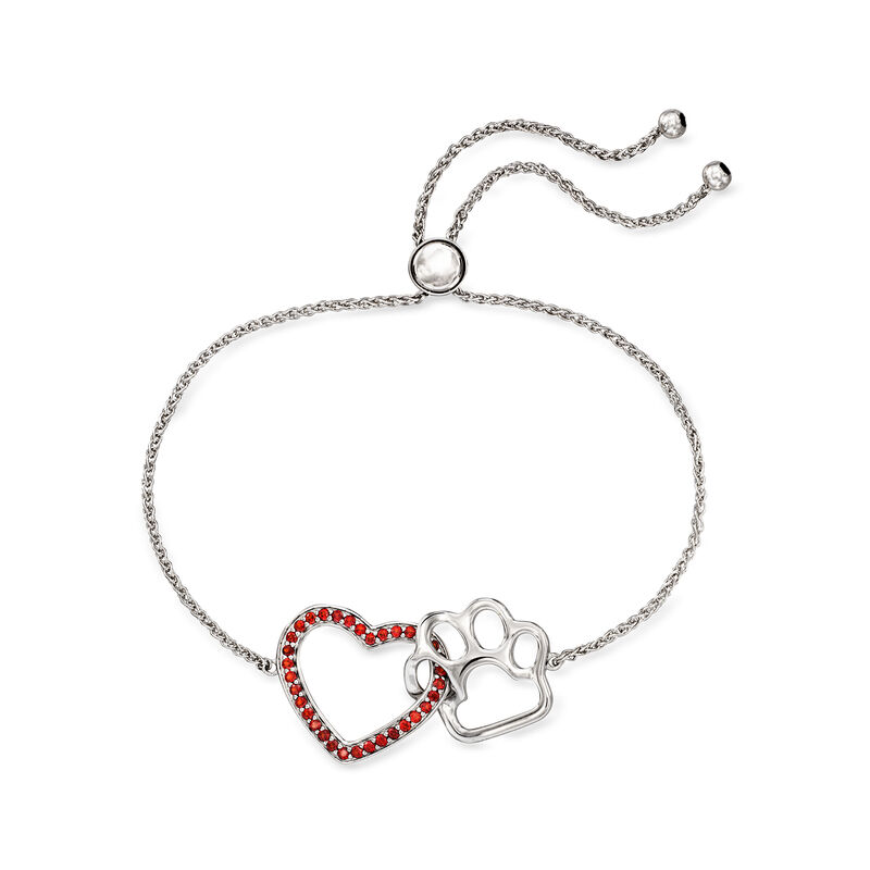 .20 ct. t.w. Garnet Heart and Sterling Silver Paw Print Bolo Bracelet  image number 2