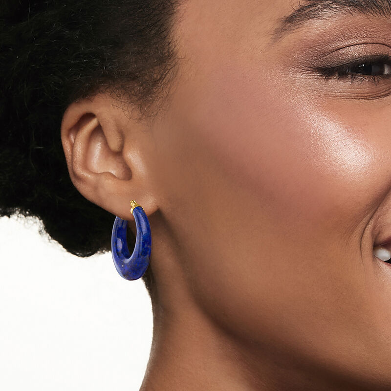 Lapis Hoop Earrings 14kt Yellow Gold. 1 1/8&quot; image number 1