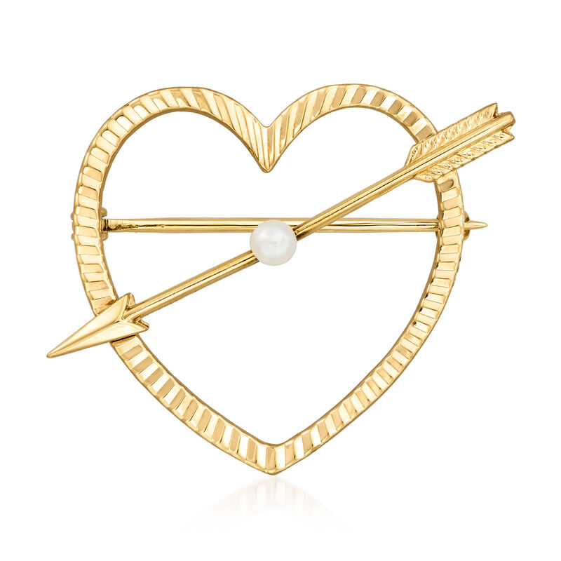 C. 1950 Vintage 14kt Yellow Gold Heart and Arrow Pin with 3mm Cultured Pearl image number 0