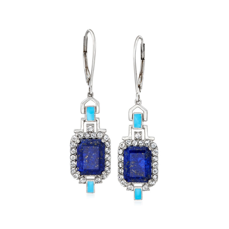 Lapis and .70 ct. t.w. White Topaz Drop Earrings with Turquoise Enamel in Sterling Silver image number 0