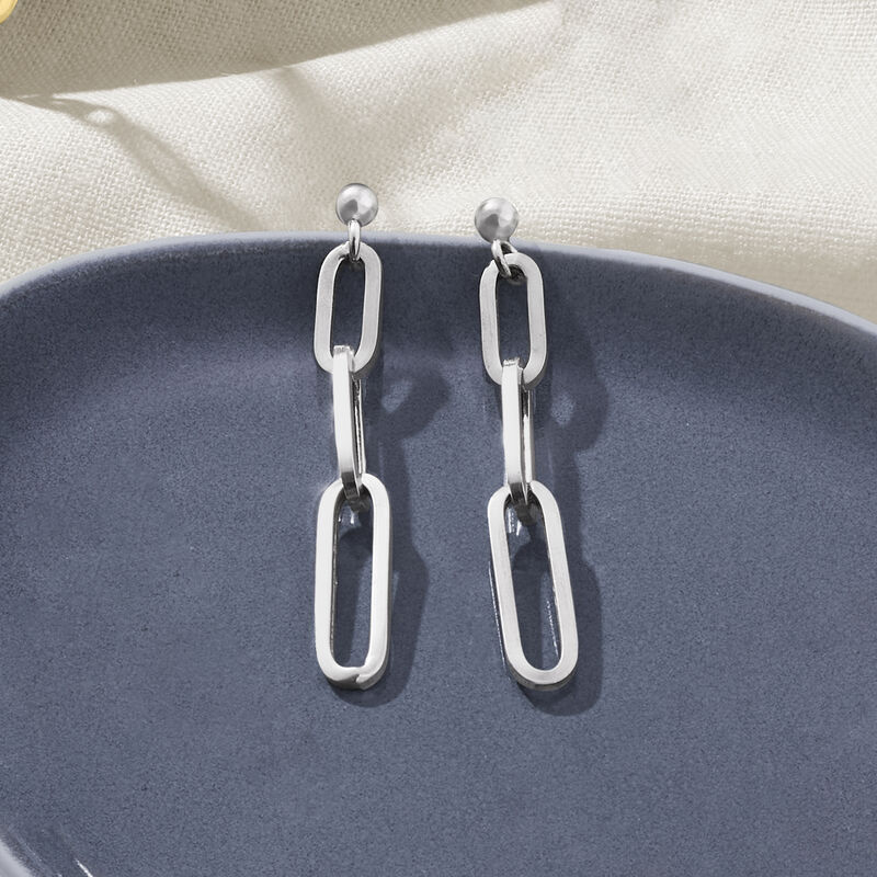 Italian Sterling Silver Paper Clip Link Linear Drop Earrings image number 2