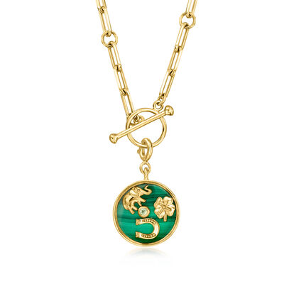 Malachite Good Luck Charm with Single Peridot in 18kt Gold Over Sterling 