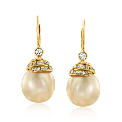 C. 1990 Vintage 13x10.5mm Cultured Golden Pearl Drop Earrings with .47 ct. t.w. Diamonds in 14kt Yellow Gold