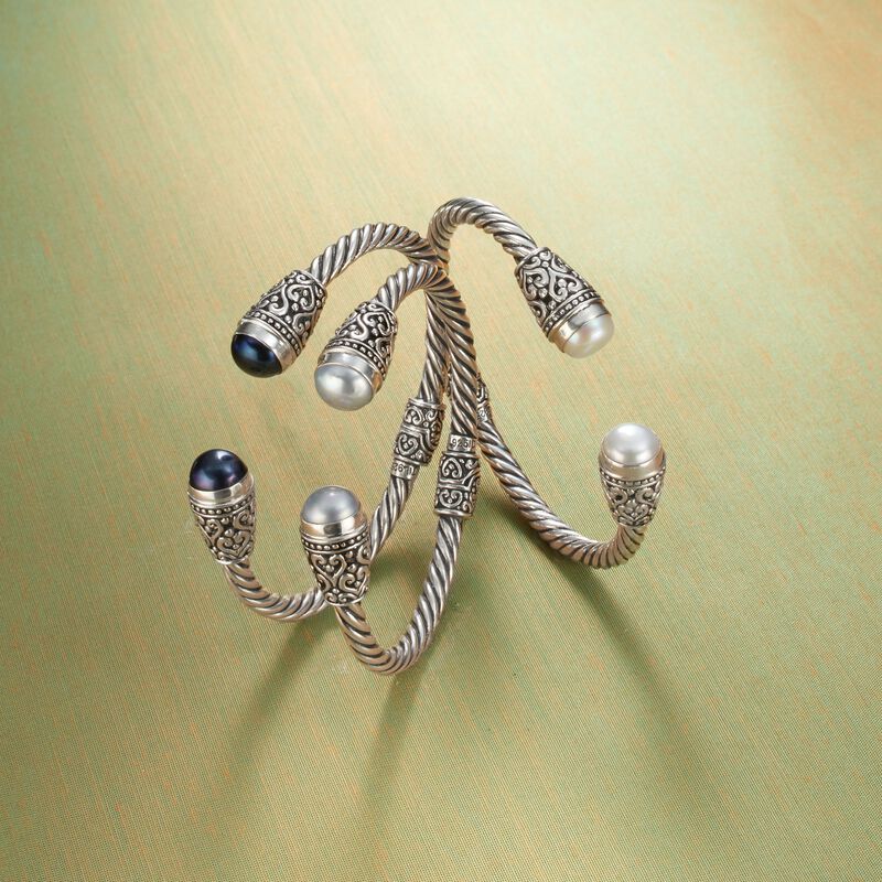 10-10.5mm Cultured Pearl Bali-Style Cuff Bracelet in Sterling Silver. 7.5&quot; image number 3