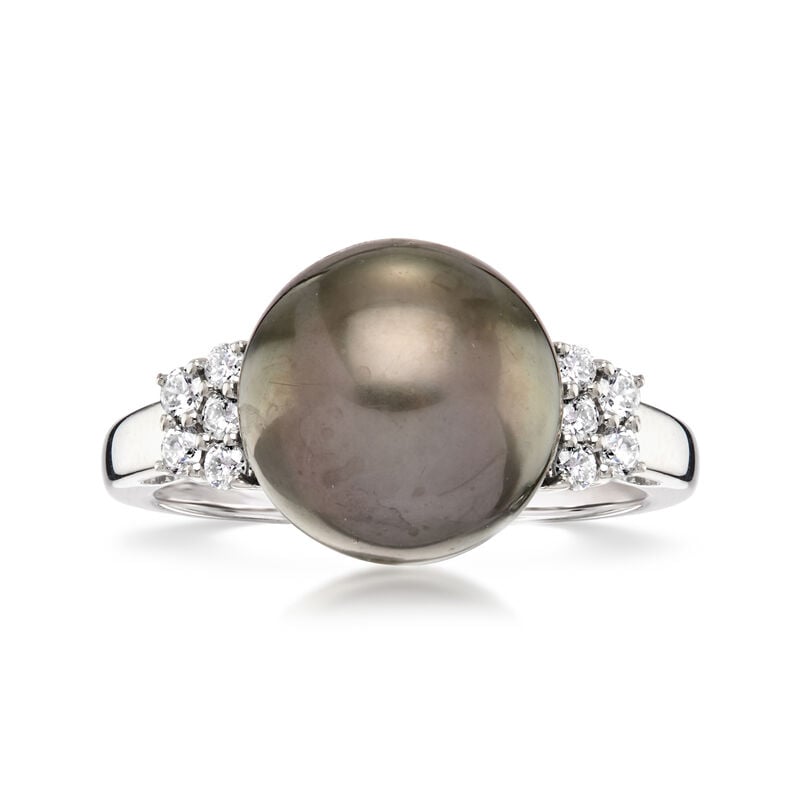 C. 2000 Vintage 10mm Cultured Black Pearl and .19 ct. t.w. Diamond Ring in 14kt White Gold. Size 6 image number 0