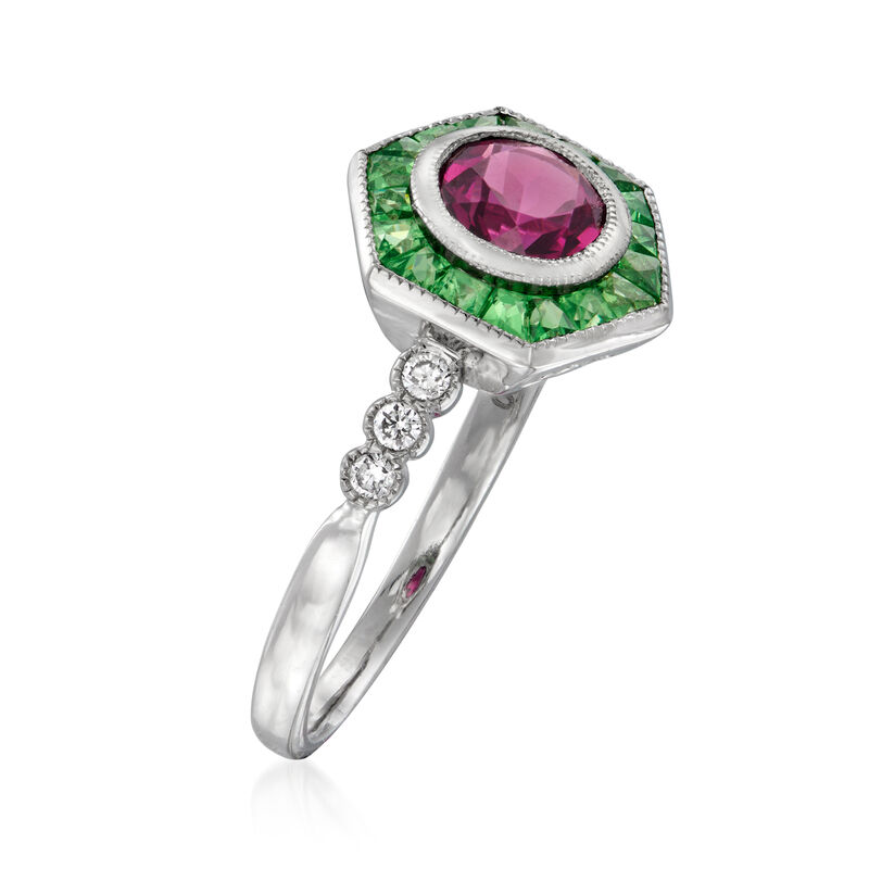 C. 1980 Vintage .75 Carat Rhodolite Garnet, .50 ct. t.w. Tsavorite and .10 ct. t.w. Diamond Ring in Platinum image number 2
