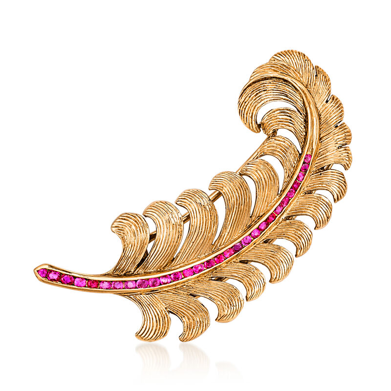 C. 1940 Vintage 1.50 ct. t.w. Ruby Feather Pin in 14kt Rose Gold  image number 0