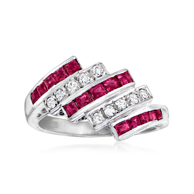 C. 1985 Vintage .74 ct. t.w. Ruby and .17 ct. t.w. Diamond Striped Ring in Platinum image number 0