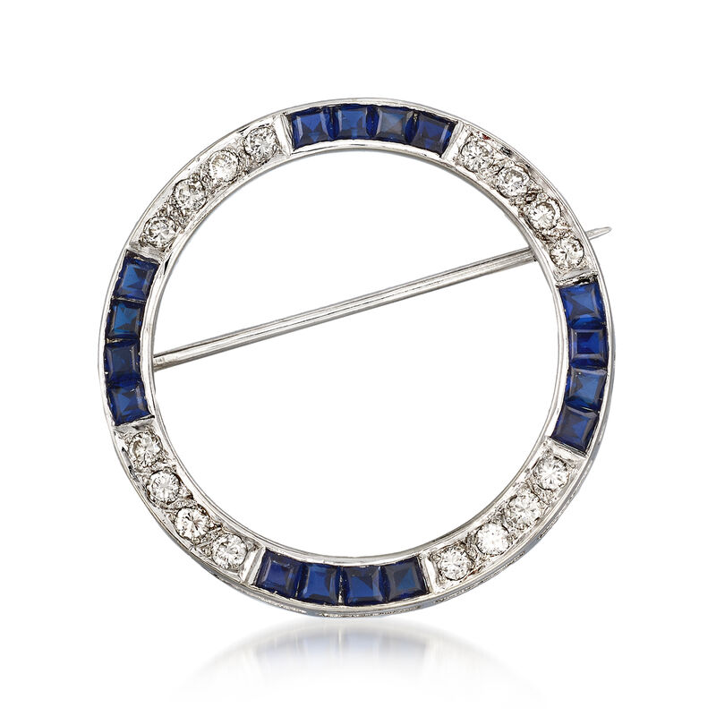 C. 1970 Vintage 1.60 ct. t.w. Sapphire and .50 ct. t.w. Diamond Circle Pin in 14kt White Gold image number 2