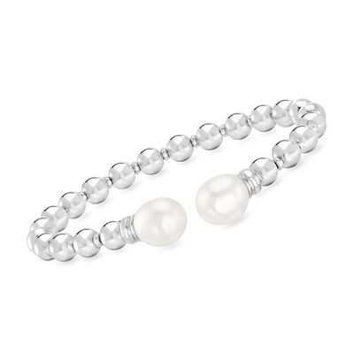 Italian 6mm Sterling Silver Bead Cuff Bracelet with 9-9.5mm Cultured Pearls