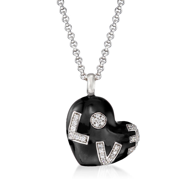 Belle Etoile &quot;Love&quot; Black Enamel and .47 ct. t.w. CZ Heart Pendant in Sterling Silver image number 0