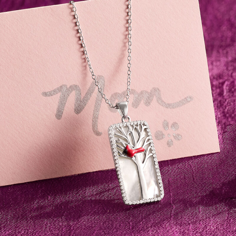 Mother-of-Pearl and .30 ct. t.w. White Topaz Cardinal Pendant Necklace with Multicolored Enamel in Sterling Silver image number 2