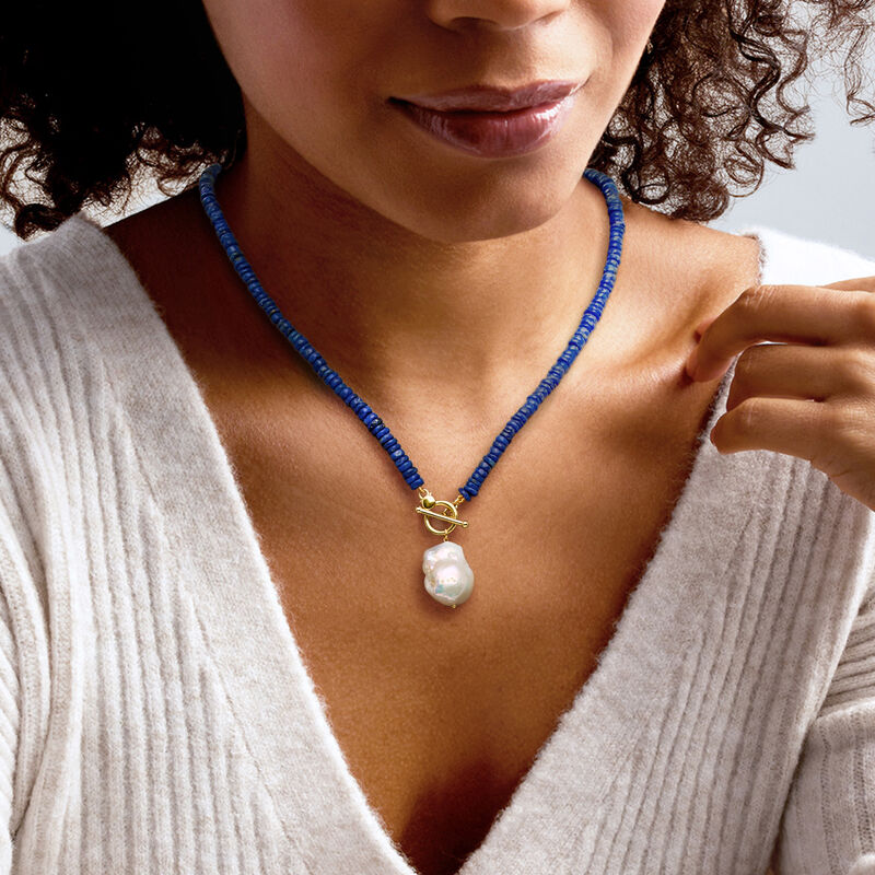 13-15mm Cultured Baroque Pearl and 4.5-5mm Lapis Bead Toggle Necklace in 18kt Gold Over Sterling image number 1