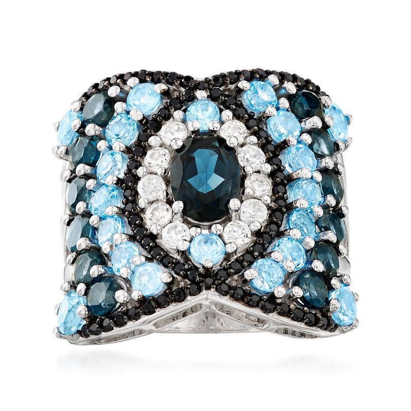 3.50 ct. t.w. Blue Topaz and .40 ct. t.w. White Zircon Ring with Black Spinel in Sterling Silver image number 0