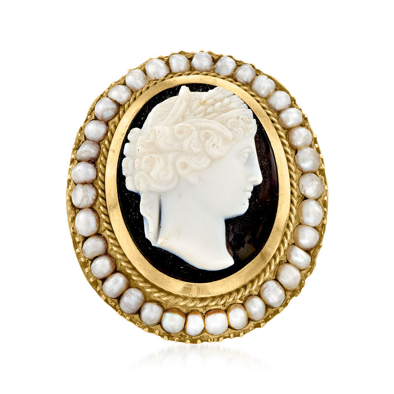 C. 1920 Vintage Black Agate Cameo Ring with Seed Pearls in 14kt Yellow Gold image number 0