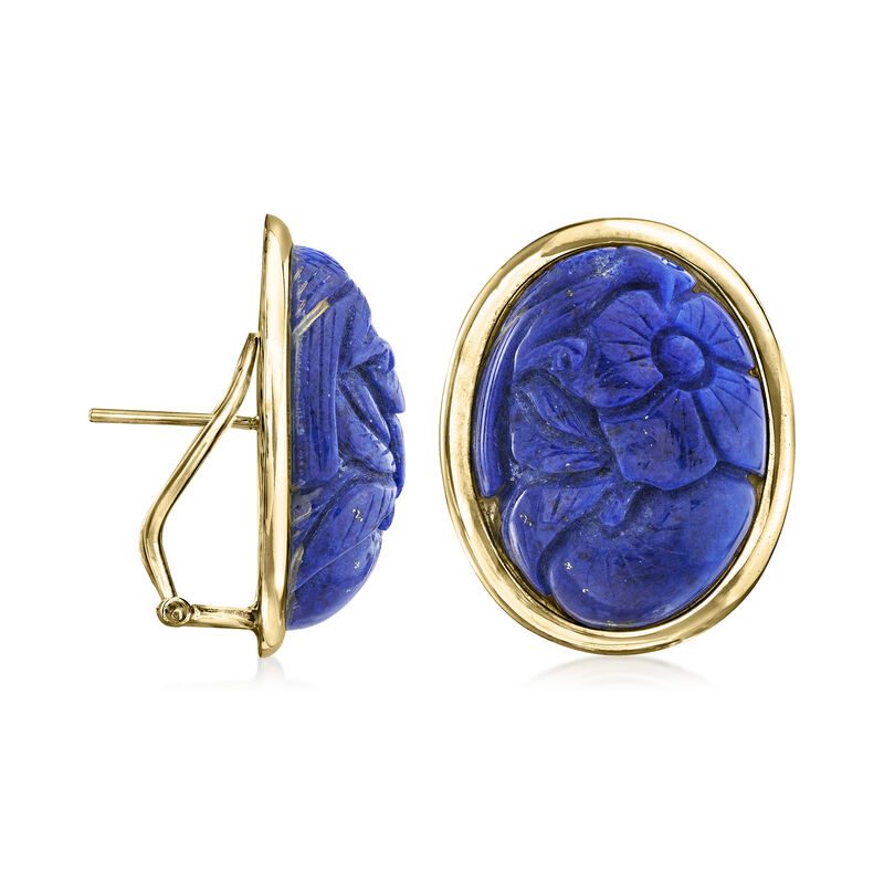 C. 1980 Vintage Carved Lapis Earrings in 14kt Yellow Gold image number 2