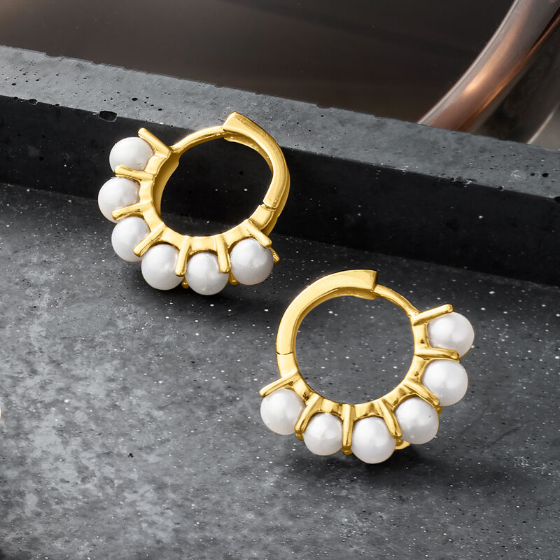 3mm Cultured Pearl Huggie Hoop Earrings in 14kt Yellow Gold image number 1